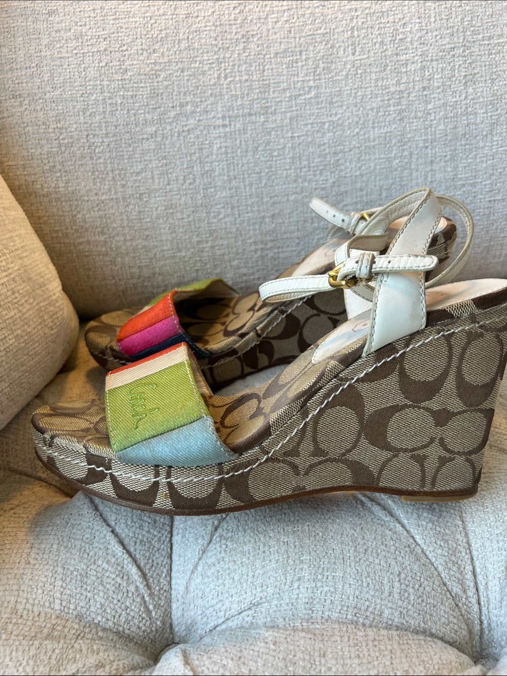 Coach Striped Multi-Color Canvas Platform Sandals with Ankle Strap - Picture 4 of 7